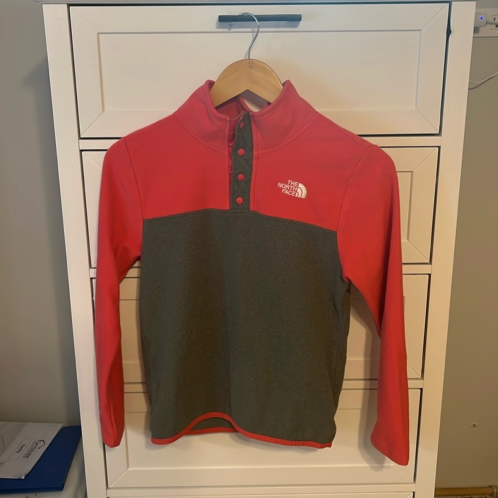 pink and grey north face jacket